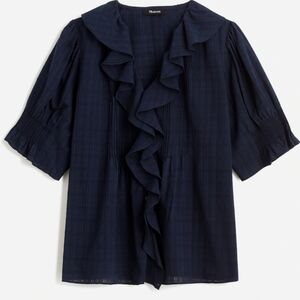 Madewell xl Navy Window pane blue Ruffle Puff-Sleeve Peplum Top